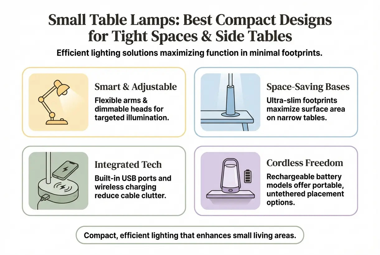 Kleine Tafellampen: Beste Compacte Ontwerpen voor Kleine Ruimtes & Zijtafels - infographic