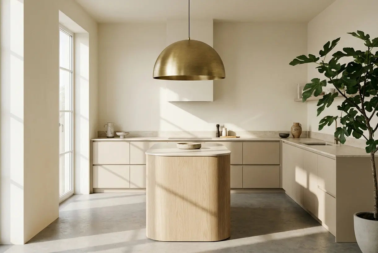 Geborstelde messing hanglamp boven een kleine keukeninstallatie