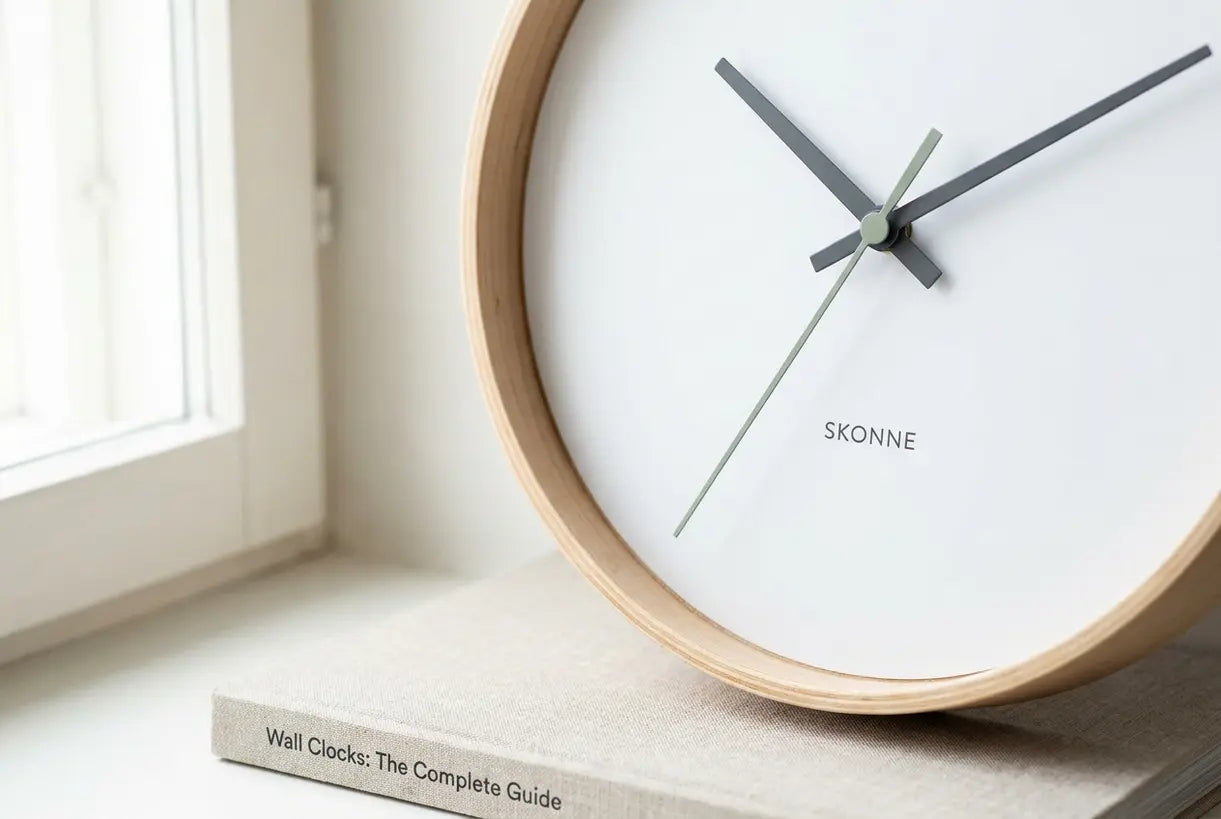 Nahaufnahme eleganter skandinavischer Wanduhrzeiger mit Holzmaserung und minimalistischem Design