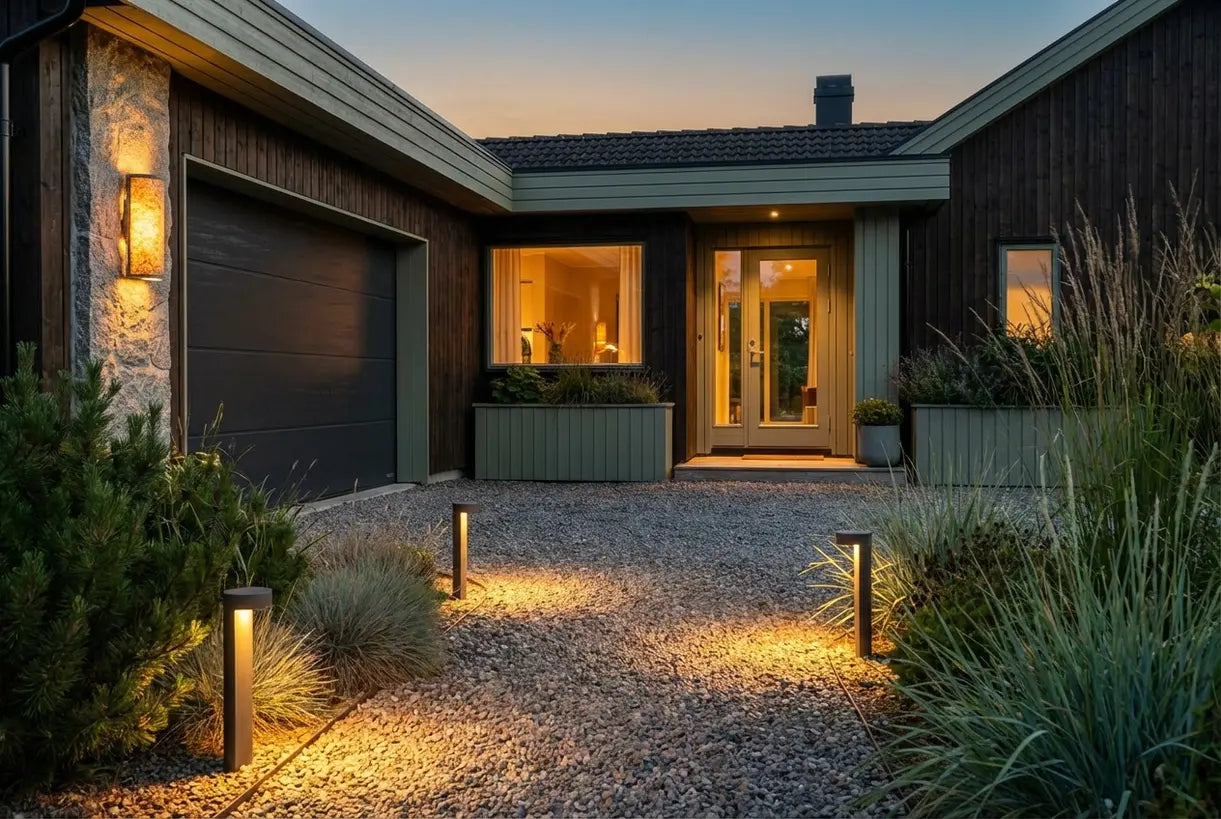 Moderne oprit met Scandinavische buitenverlichting en warme LED-verlichting