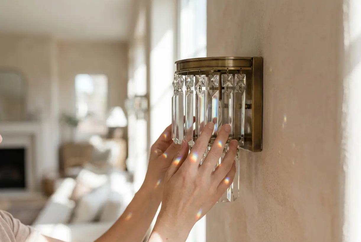 Handen die een elegante kristallen wandlamp verstellen waarbij licht door facetgeslepen kristallen prisma's breekt