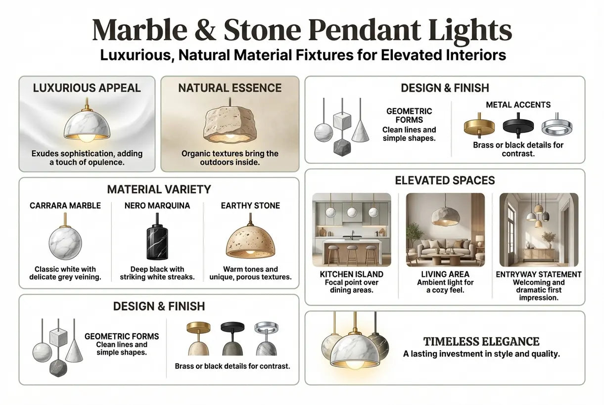 Hanglampen van marmer en natuursteen: luxe armaturen van natuurlijke materialen voor een verfijnd interieur - infographic