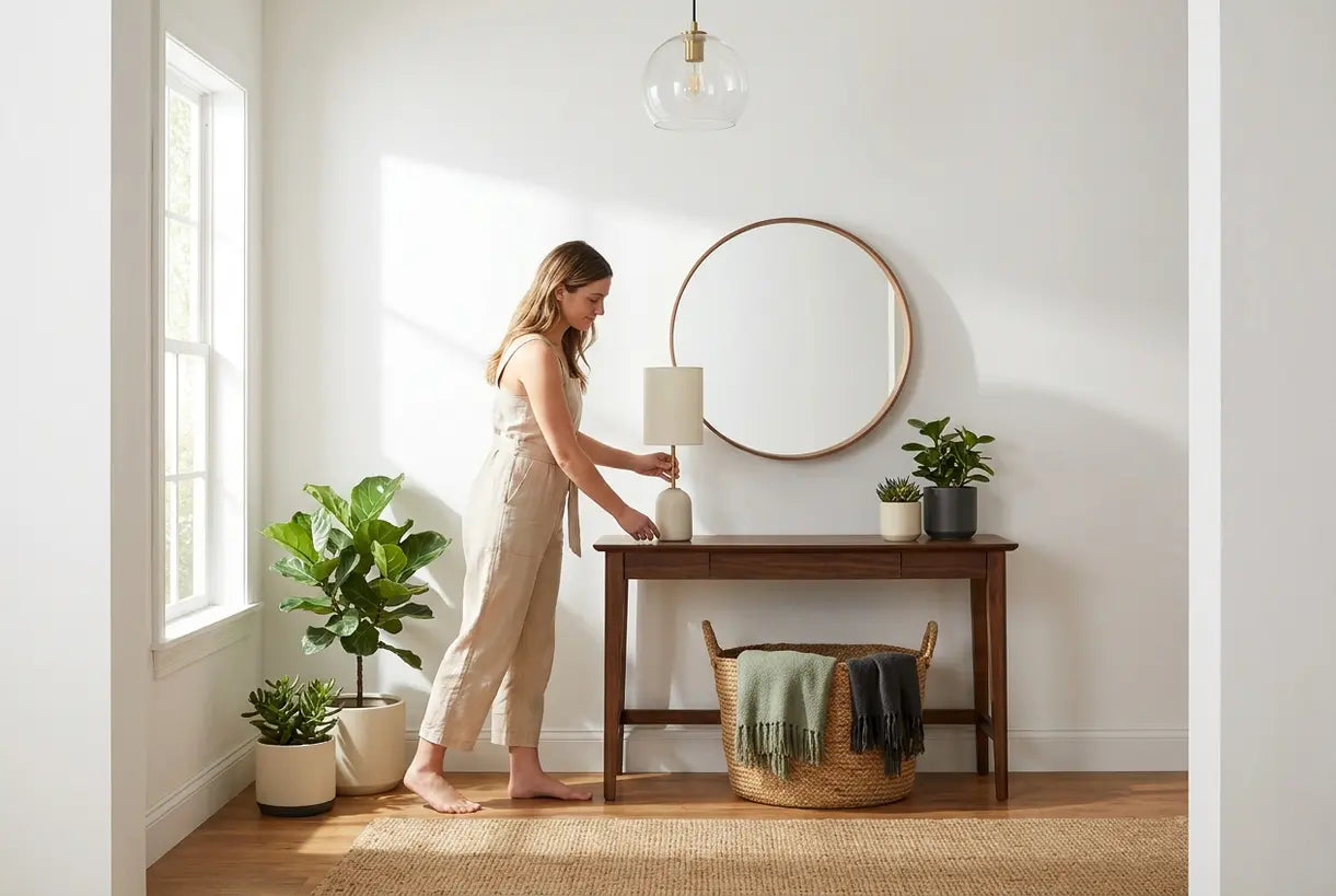 Scandinavian entryway with woman styling console table, pendant light, mirror, and minimalist decor