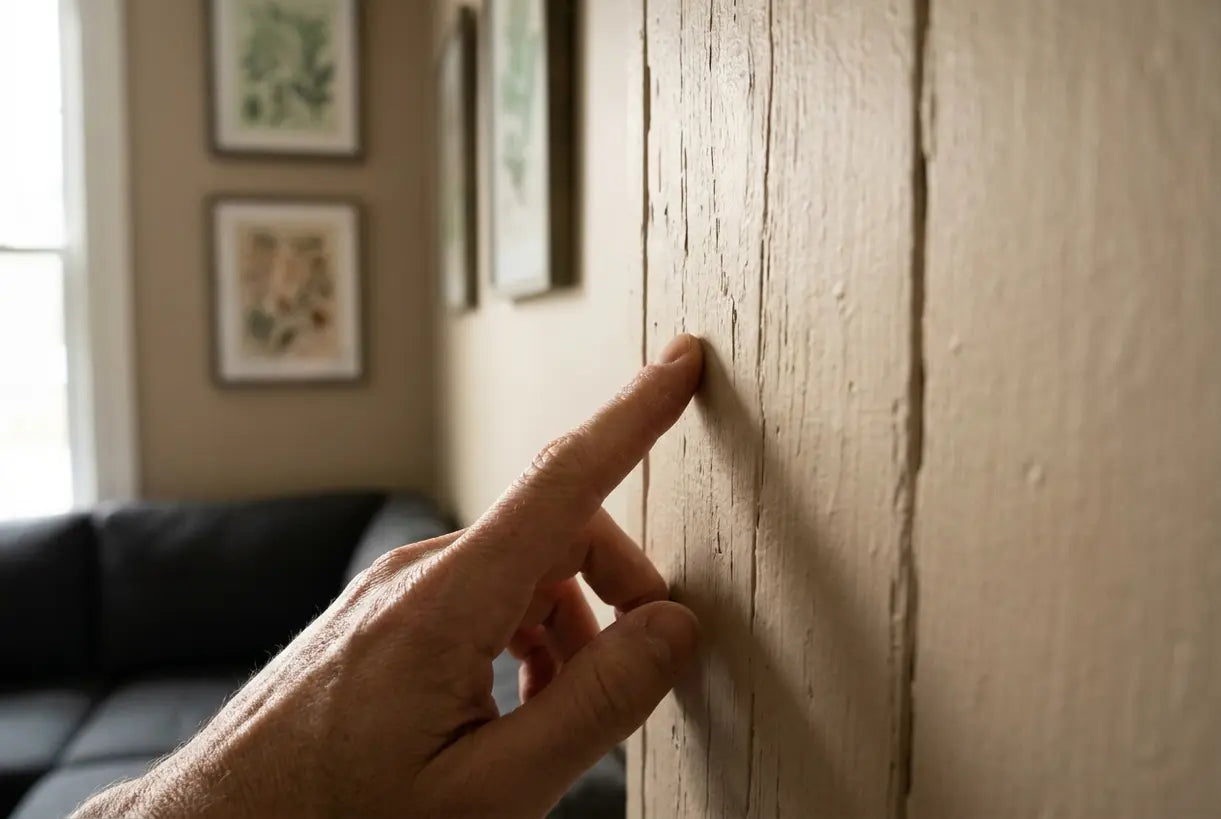 Hand touching textured accent wall paneling, Scandinavian home decor inspiration