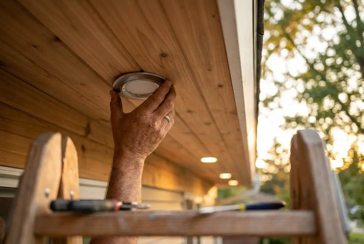 Close-up van inbouwverlichting buiten onder de dakrand met warm ledlicht