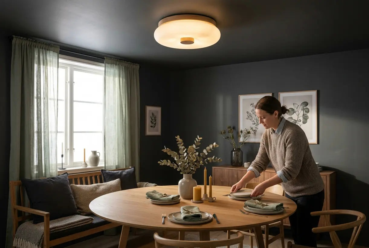 Modern Scandinavian dining room with low-profile flush mount ceiling lighting and warm hygge ambiance