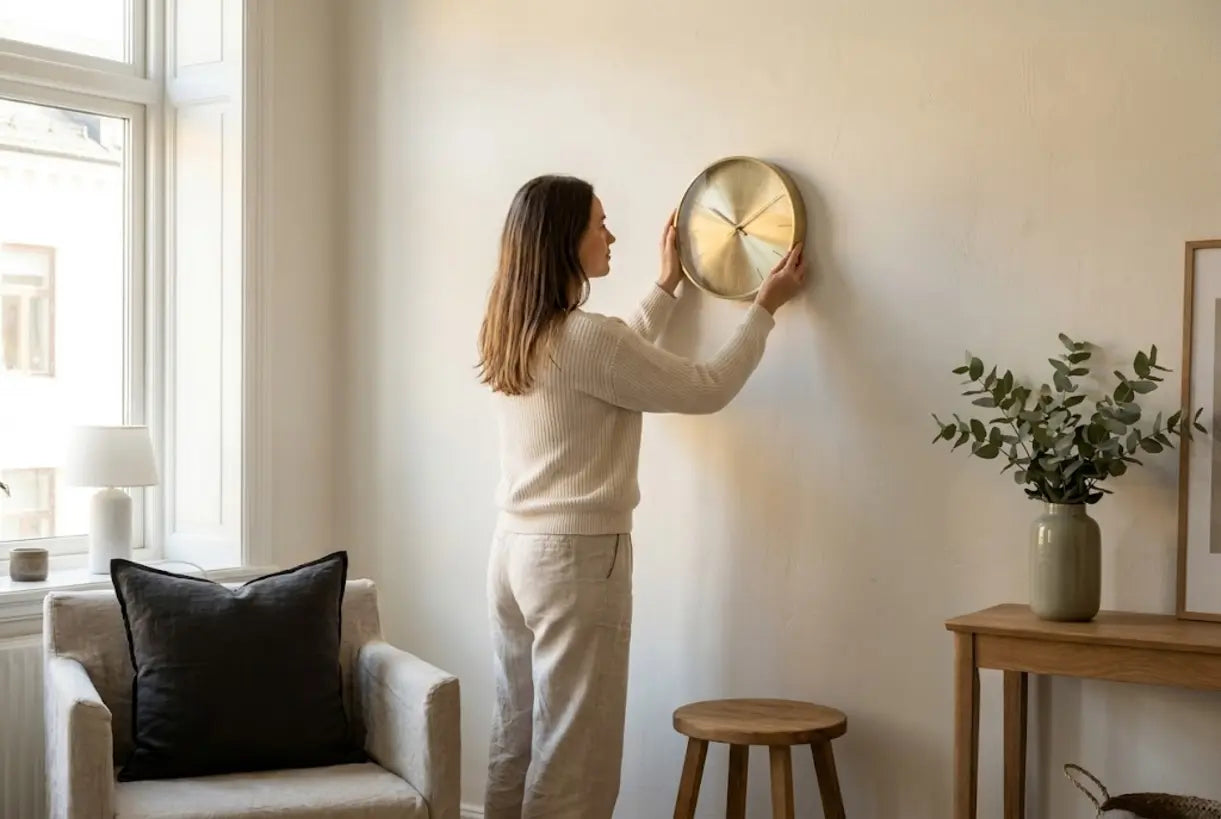 Person hängt Messingwanduhr in skandinavischem Interieur mit warmer Metalldekoration auf