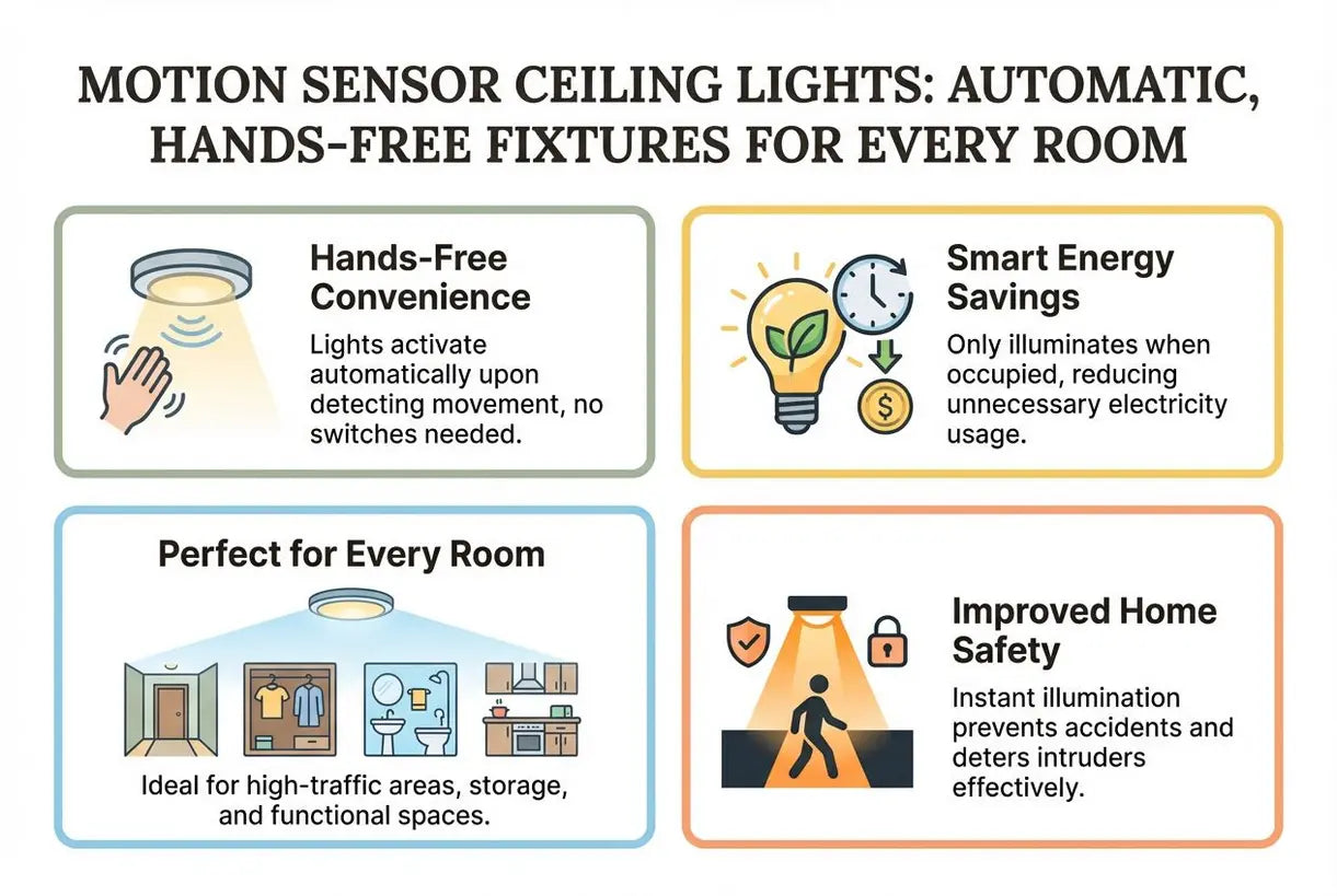 Plafondlampen met bewegingssensor: Automatische, handsfree armaturen voor elke kamer - infographic