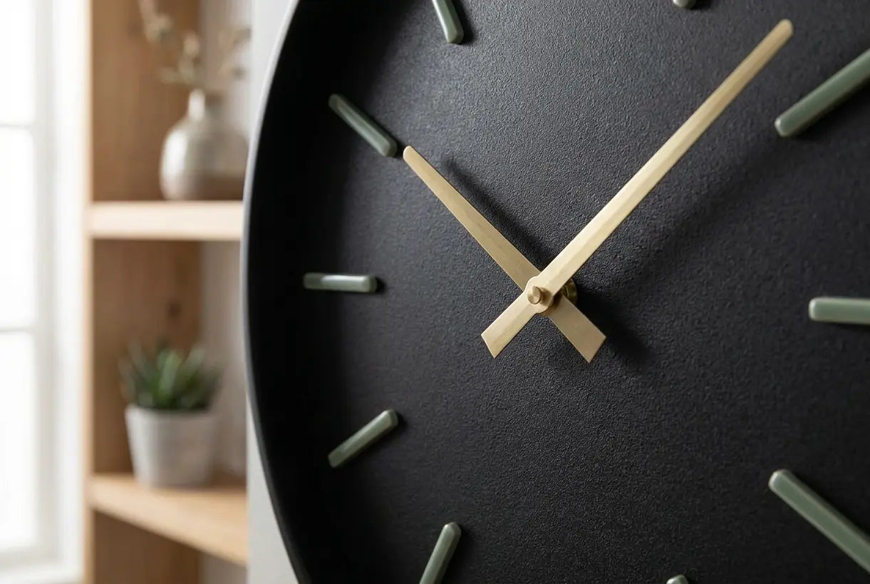 Nahaufnahme einer großen modernen Wanduhr mit strukturiertem Zifferblatt und eleganten Zeigern