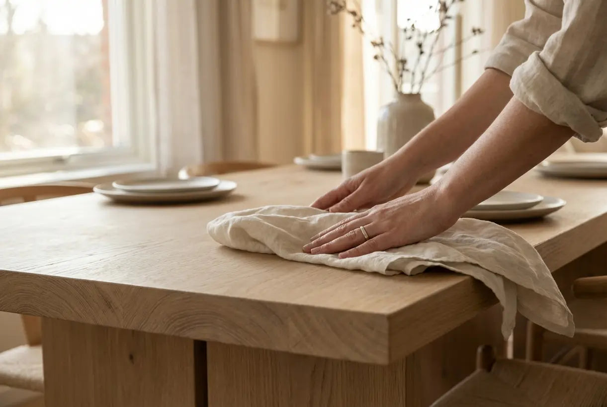 Handen die een Scandinavische eettafel dekken met linnen servet en natuurlijke houttextuur