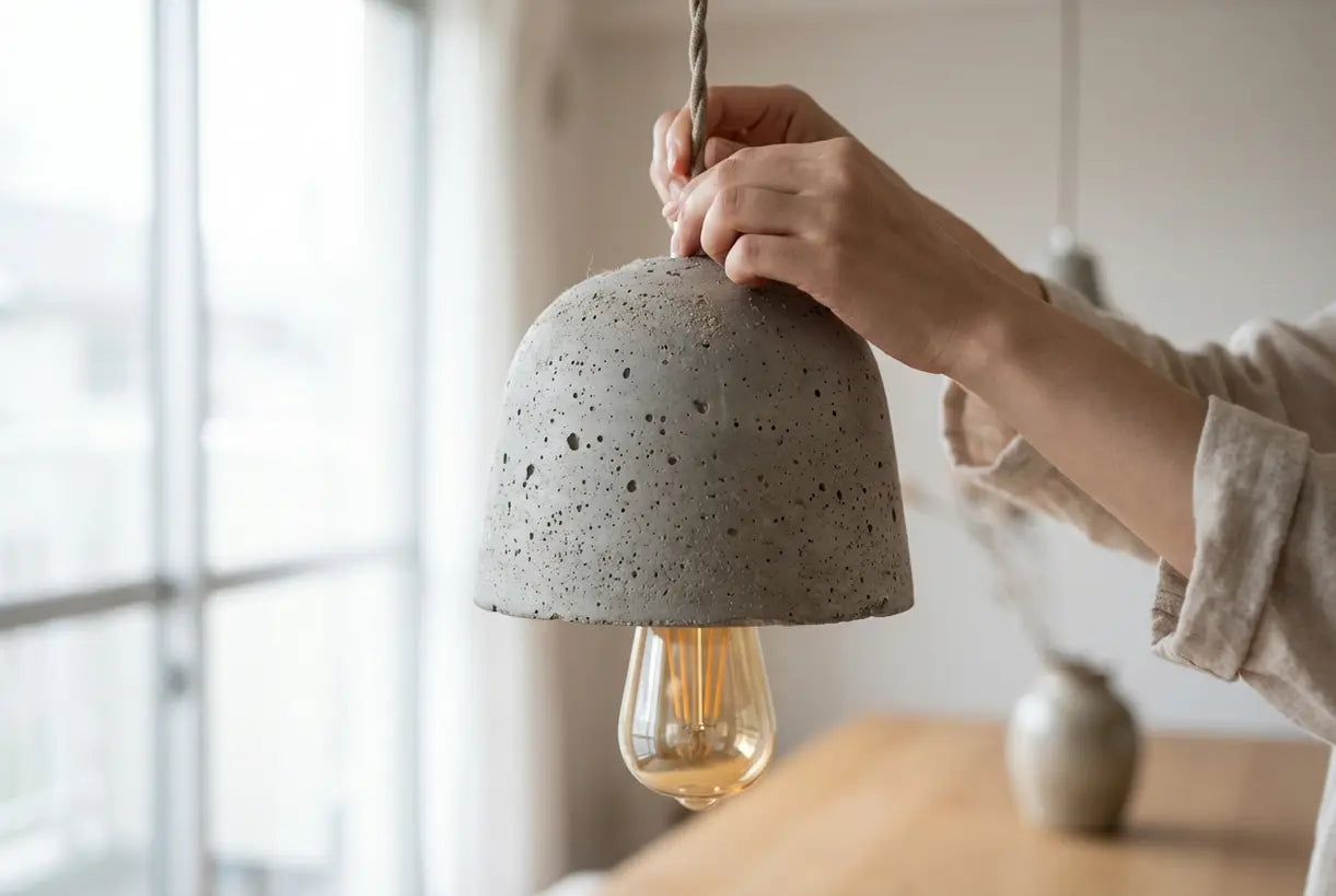 Raw concrete pendant light texture detail showcasing industrial cement material