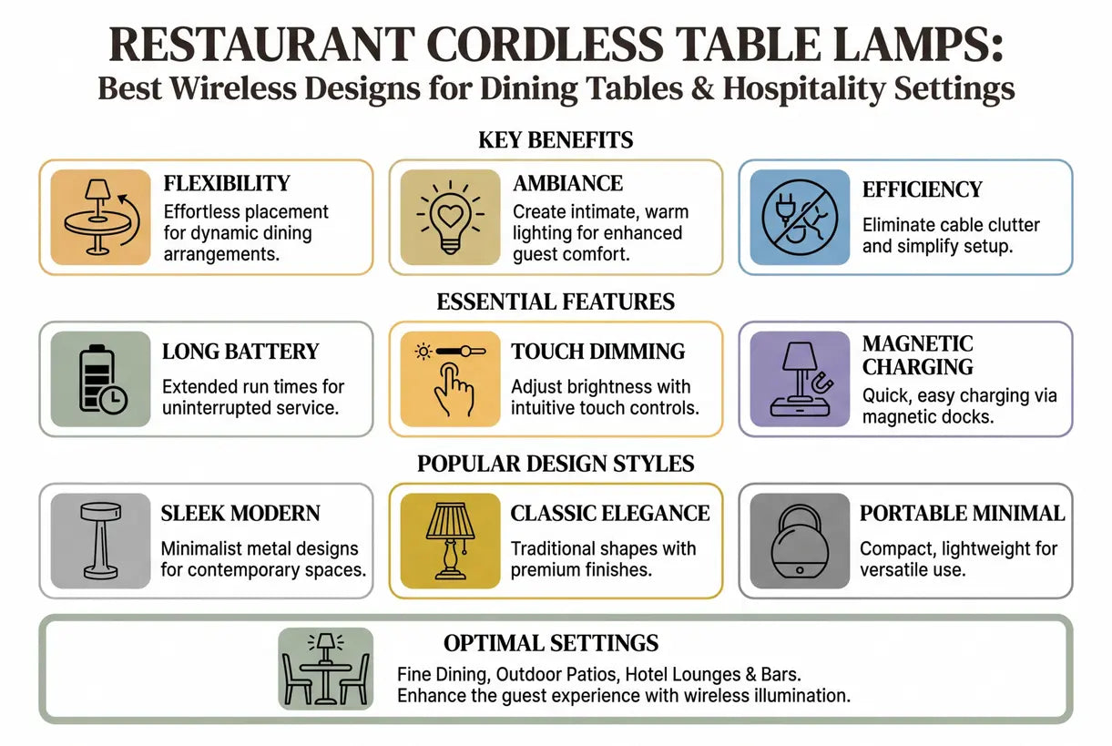 Draadloze tafellampen voor restaurants: de beste draadloze ontwerpen voor eettafels en horecagelegenheden - infographic