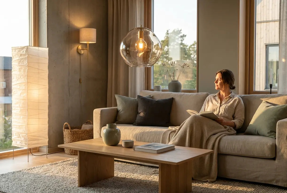 Modern Scandinavian living room with layered lighting including pendant, floor lamp and wall sconce
