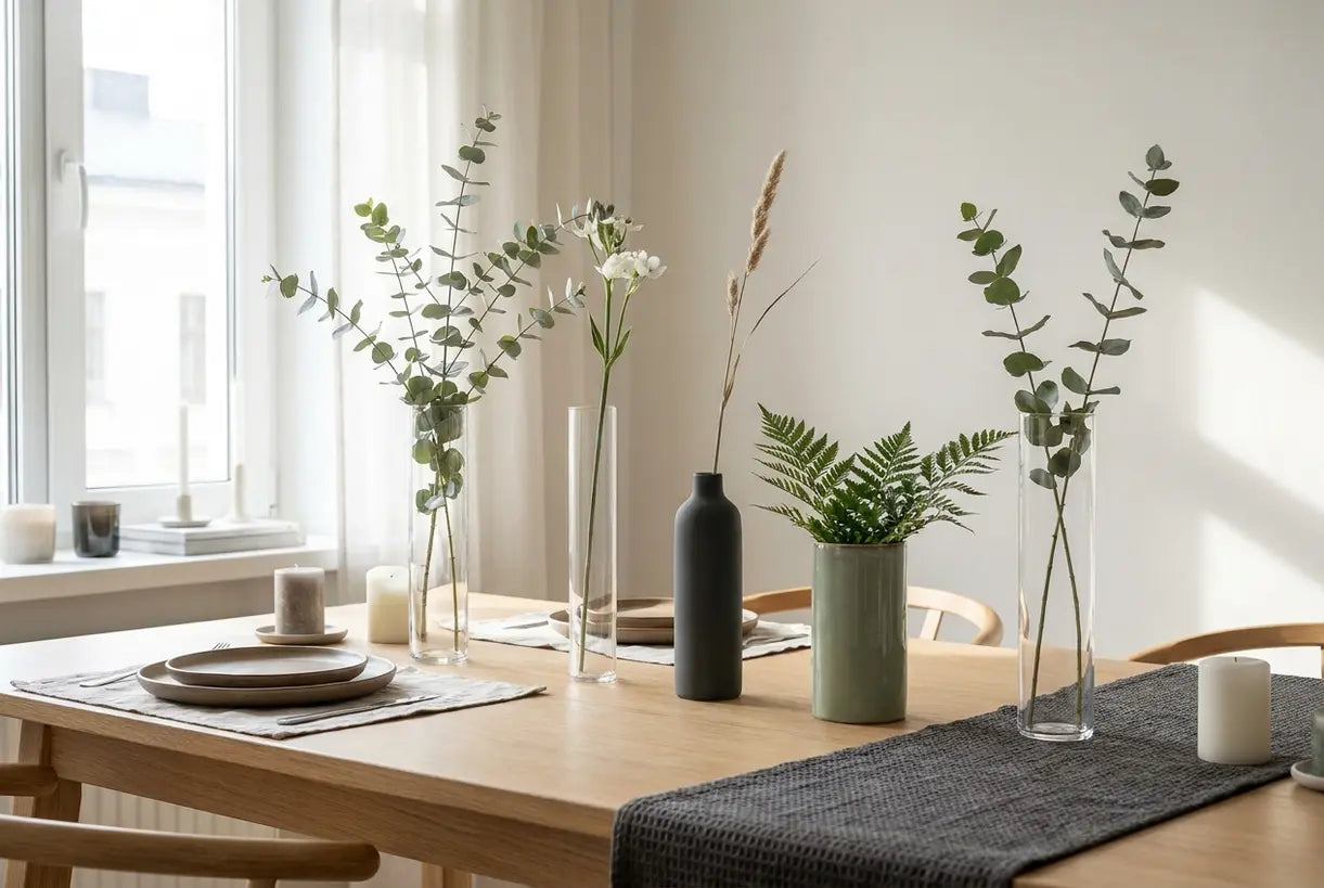 Scandinavische tafel met cilindrische bloemenvazen in glas en keramiek