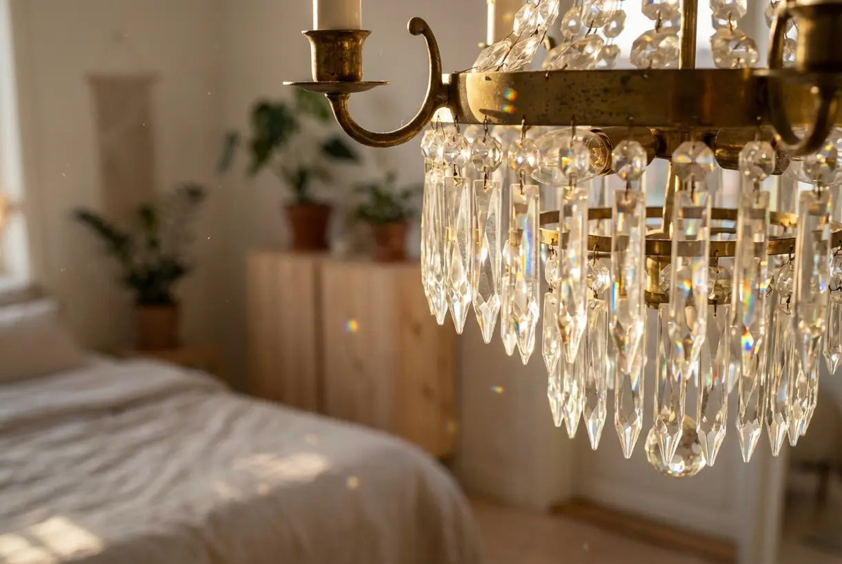 Close-up van kristallen kroonluchterprisma's die warm licht vangen in een Scandinavische slaapkamer
