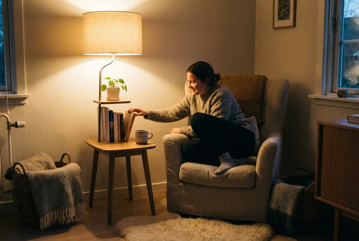 Knusse leeshoek met vloerlamp en planken met boeken en planten