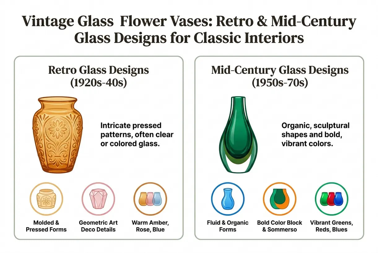 Vintage glazen bloemenvazen: retro & mid-century glasontwerpen voor klassieke interieurs - infographic