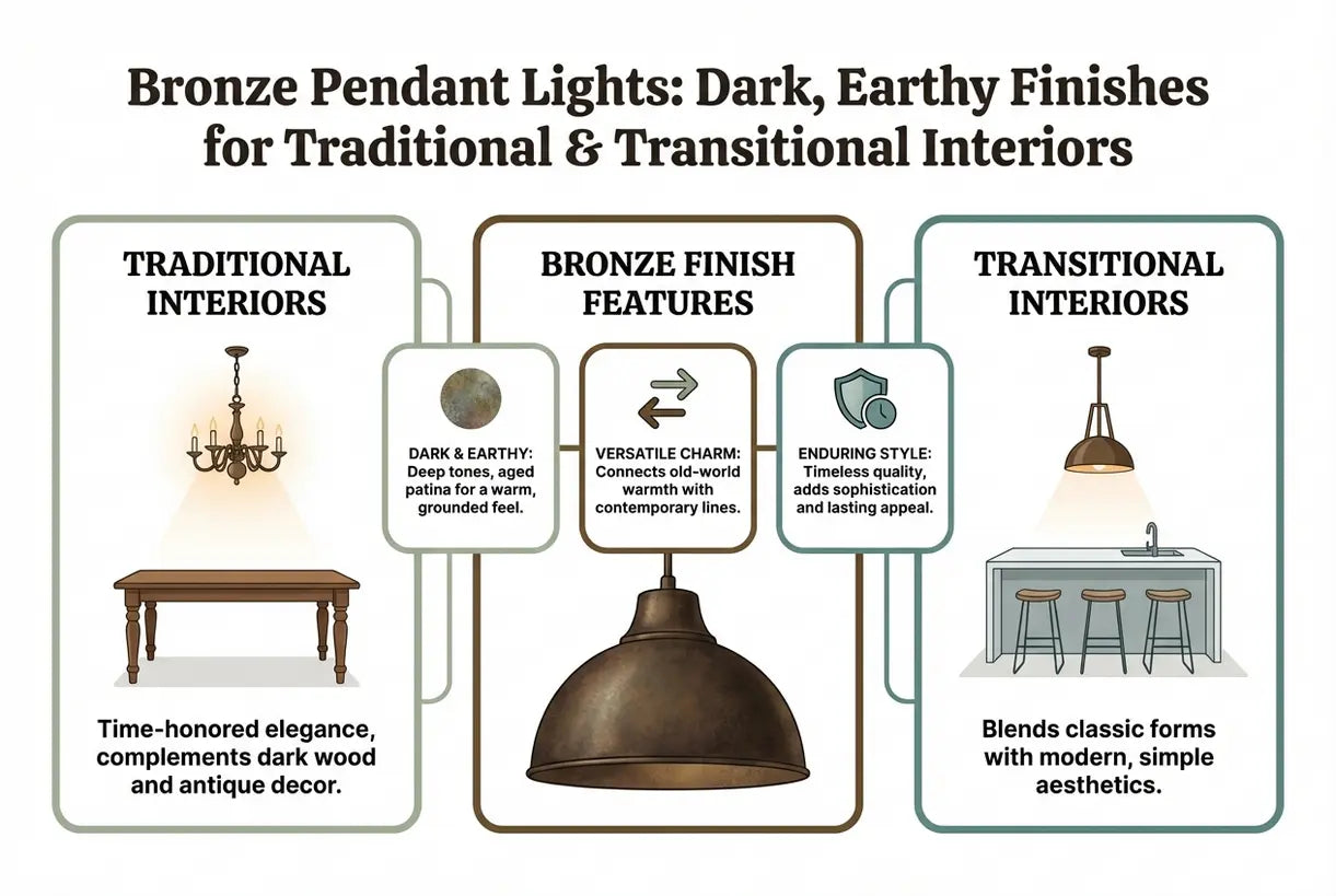 Bronzen Hanglampen: Donkere, Aardse Afwerkingen voor Traditionele & Overgangsinterieurs - infographic