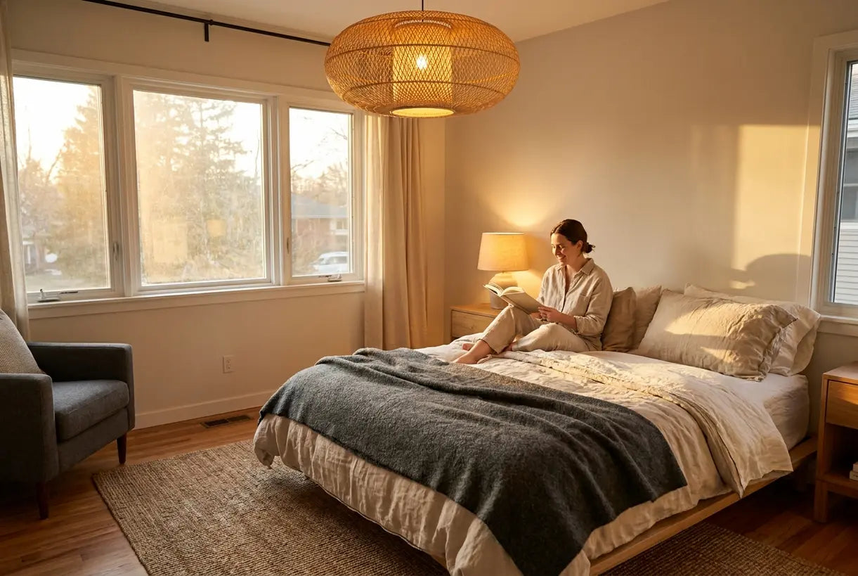 Scandinavian bedroom with layered pendant and bedside lighting at golden hour
