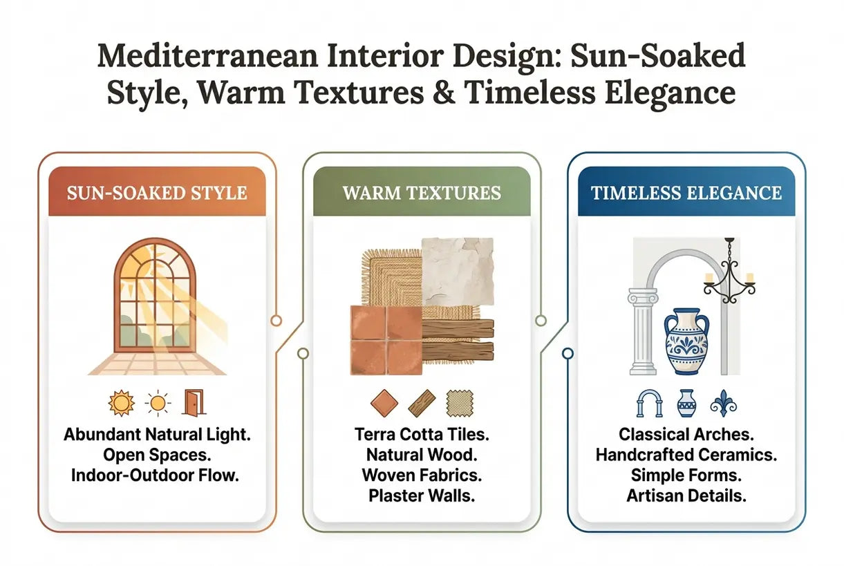 Mediterranean Interior Design: Sun-Soaked Style, Warm Textures & Timeless Elegance - infographic