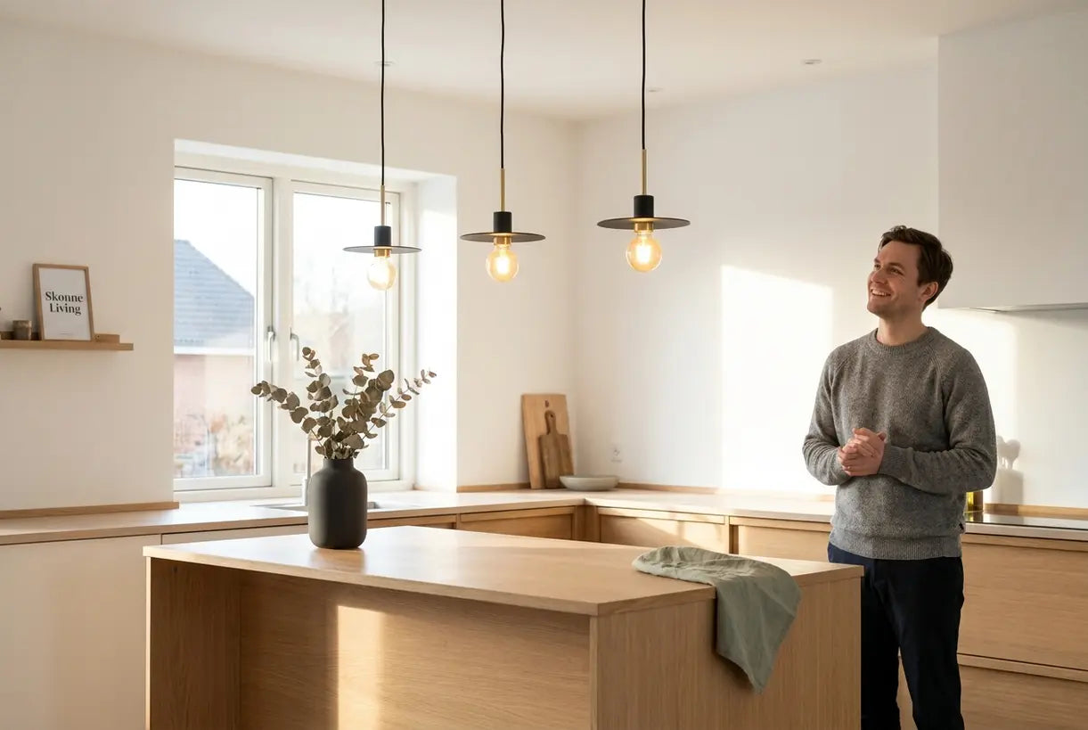 Moderne Scandinavische keuken met nieuwe hanglampen ter vervanging van de oude TL-verlichtingsinstallatie