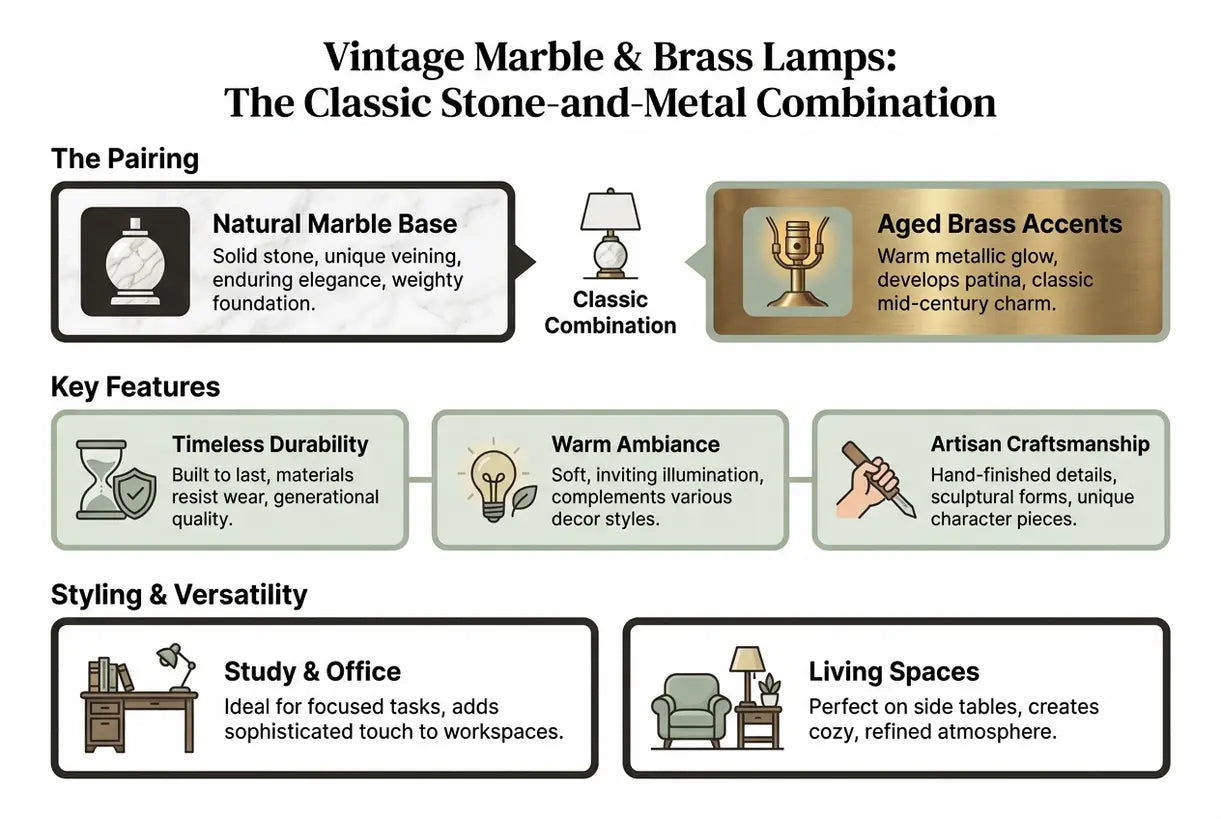 Vintage marmeren & messing lampen: De klassieke steen-en-metaal combinatie - infographic