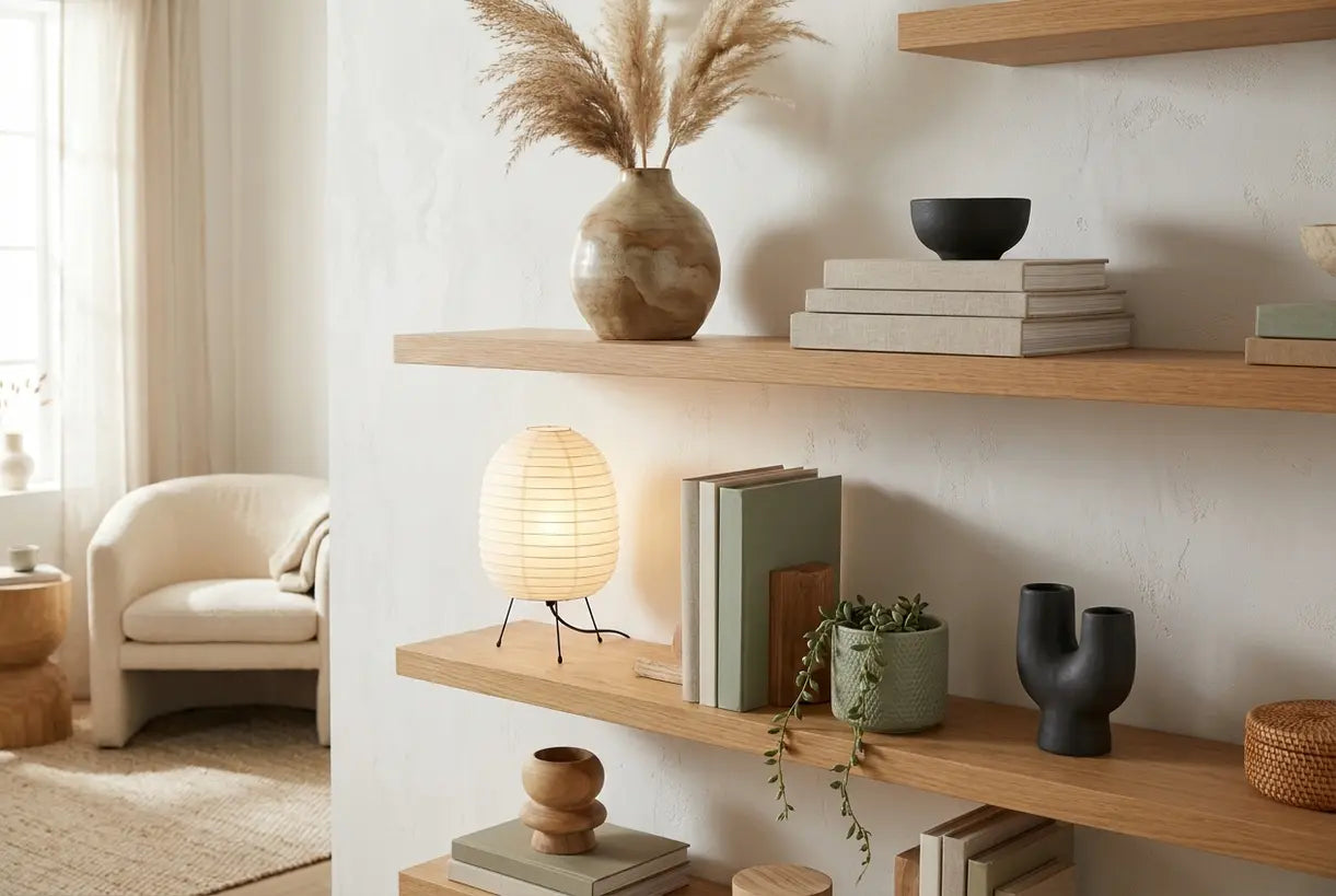 Scandinavian home decoration shelves styled with ceramic vase, table lamp and decor