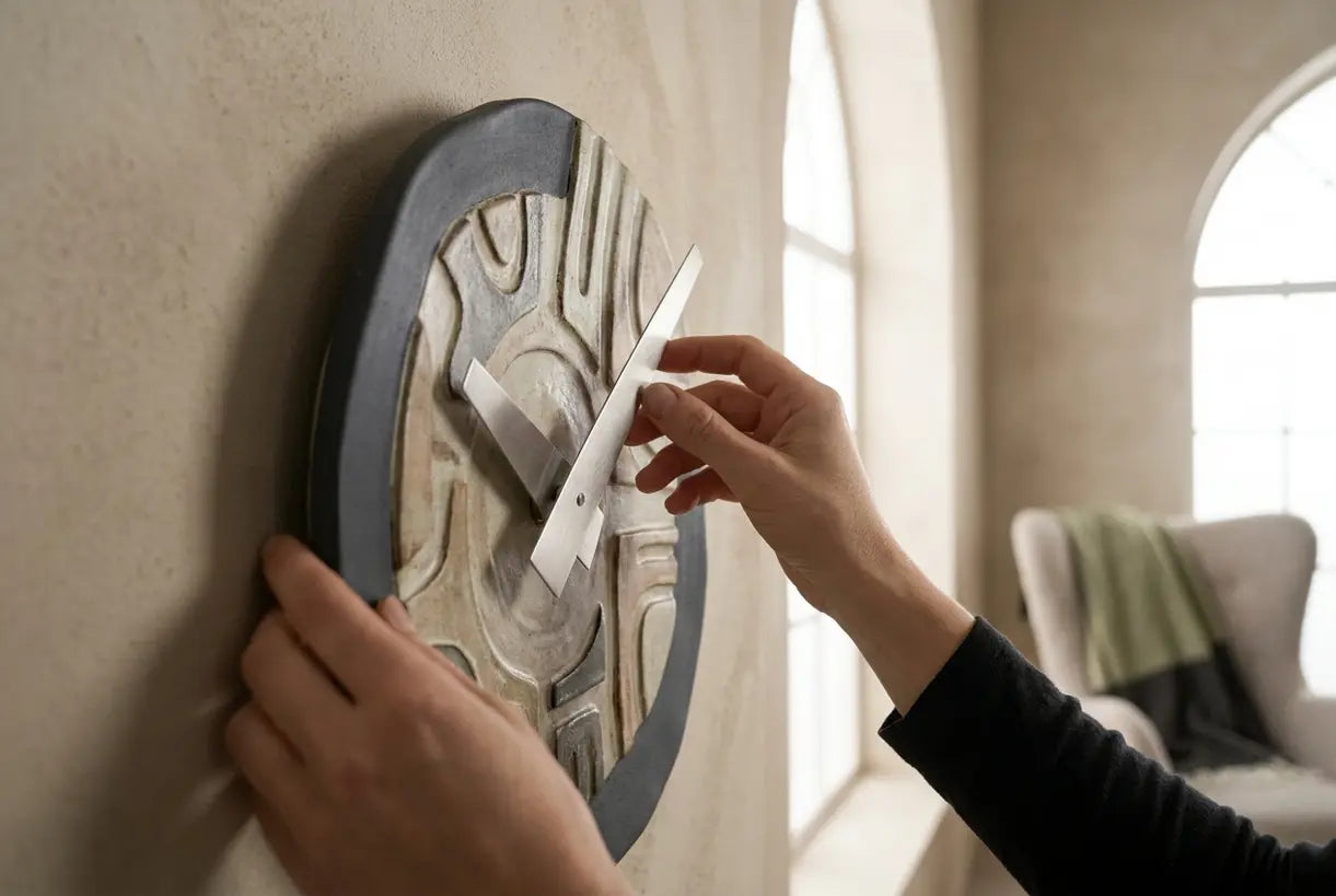Nahaufnahme einer skulpturalen Wanduhr, die an einer nordischen Putzwand stilisiert ist, großes, einzigartiges Wanduhren-Design