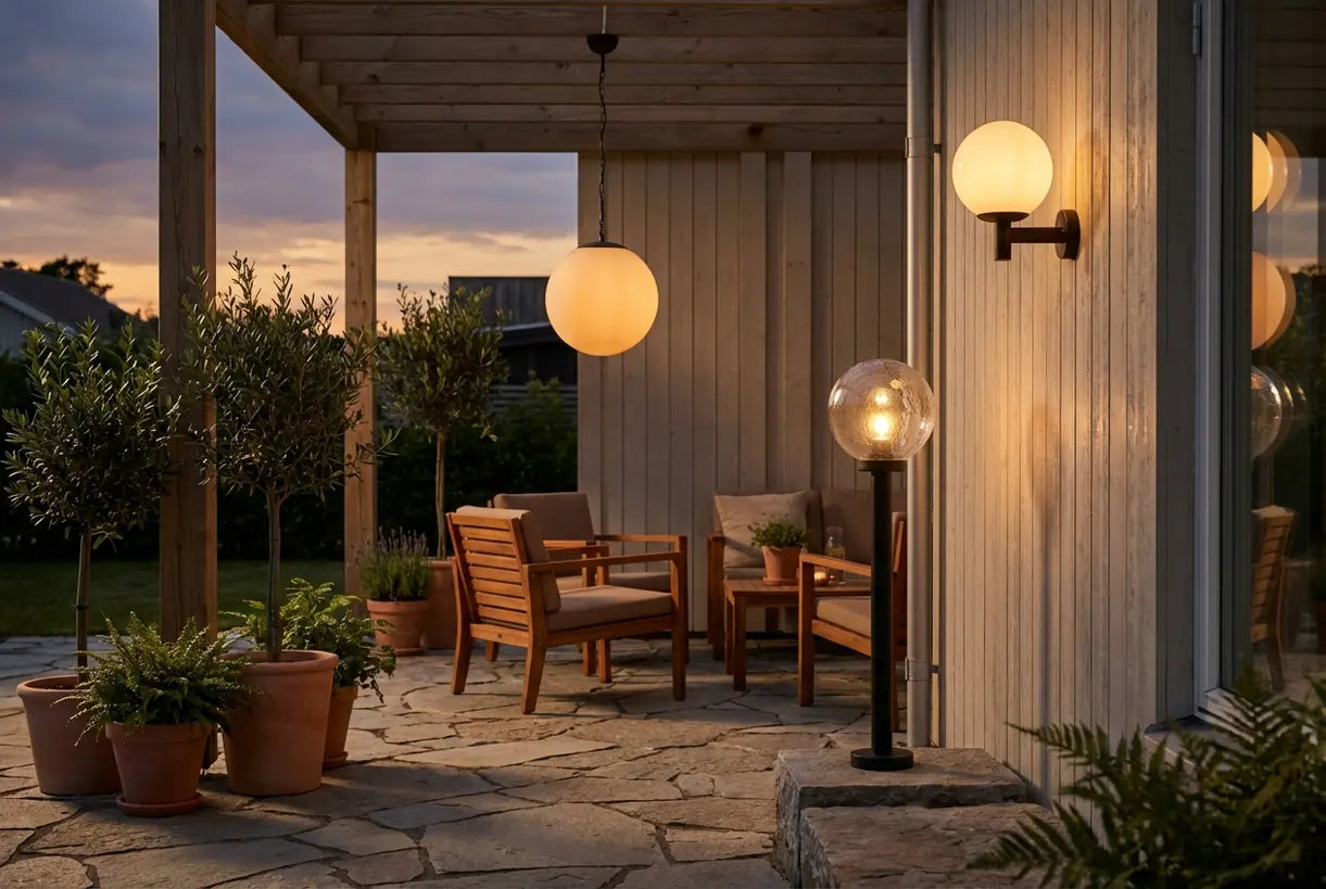 Scandinavisch buiten terras in de schemering met verlichte bolverlichting en warme ambiance