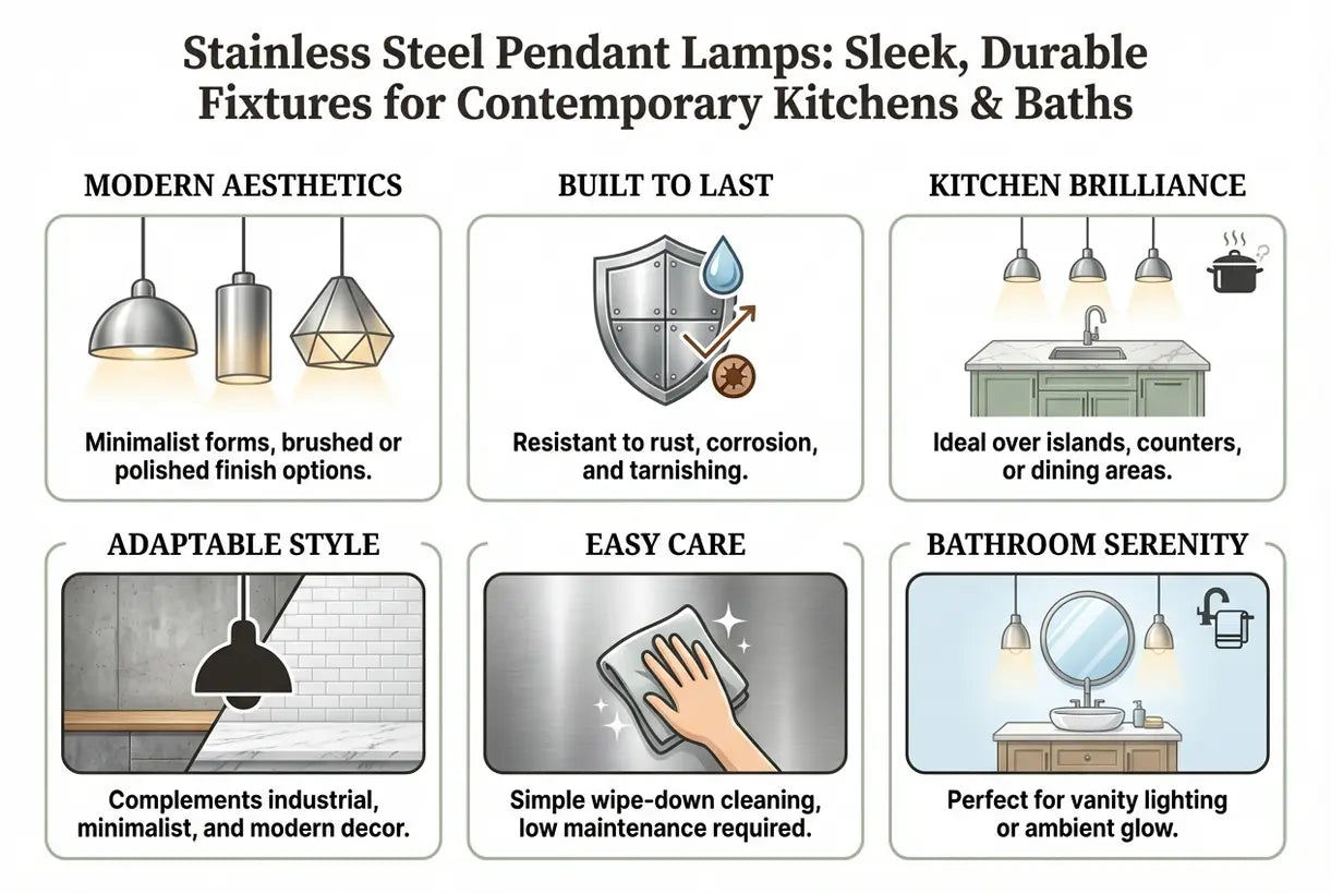 Hanglampen van roestvrij staal: strakke, duurzame armaturen voor hedendaagse keukens en badkamers - infographic