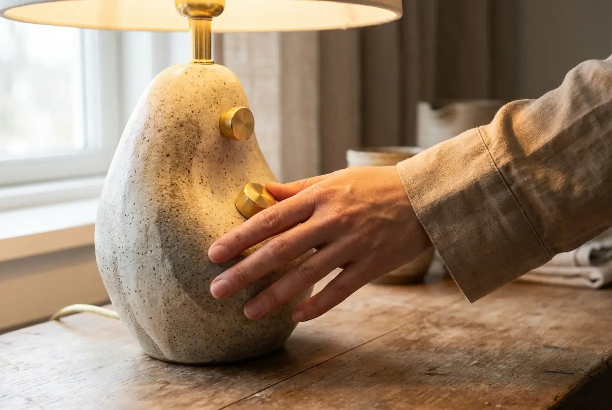 Handen stellen een moderne luxe tafellamp bij met ambachtelijke keramische textuur en warm sfeerlicht