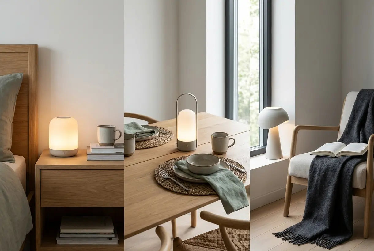 Draagbare oplaadbare draadloze lampen gestyled in Scandinavische slaapkamer, eetkamer en leeshoeken
