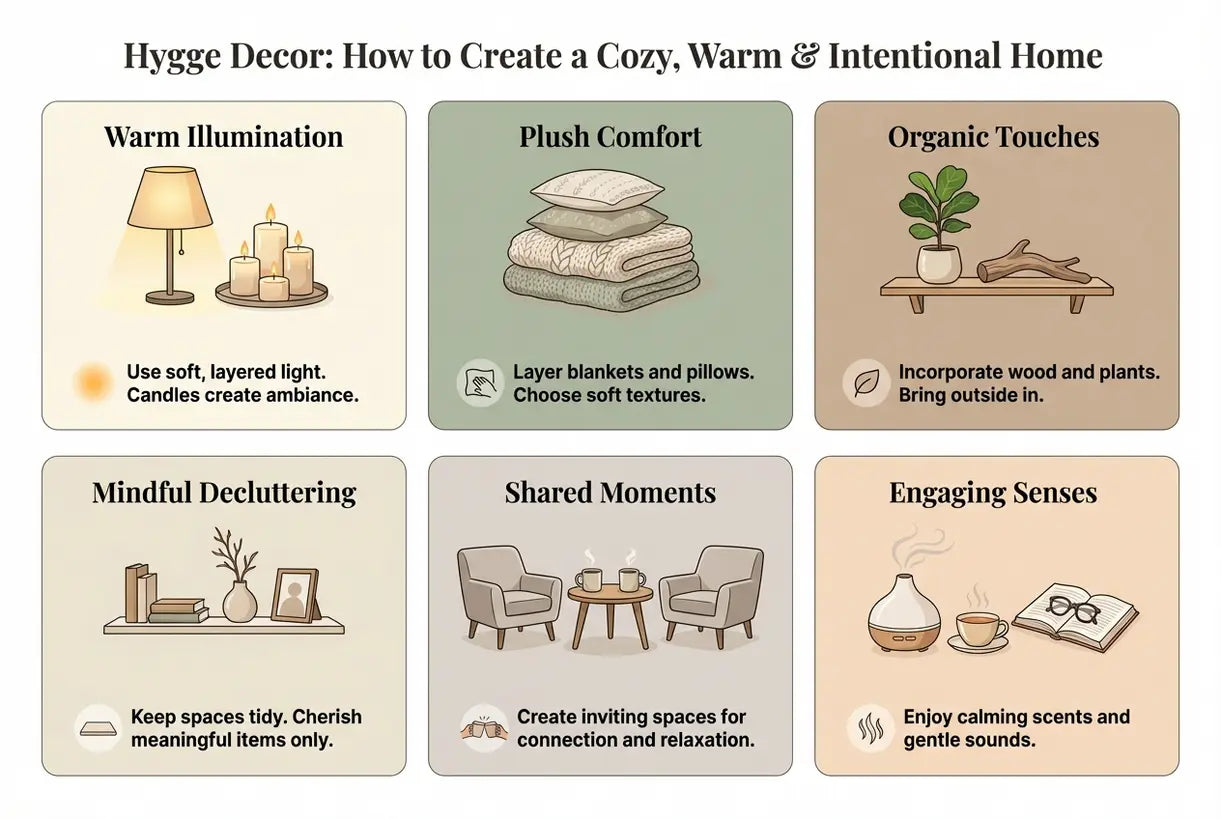 Hygge-decor: Hoe creëer je een gezellig, warm en intentioneel huis - infographic