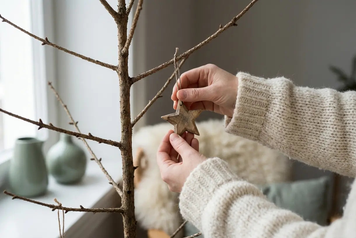 Handen versieren een Scandinavische kerstboom met minimalistische natuurlijke ornamenten
