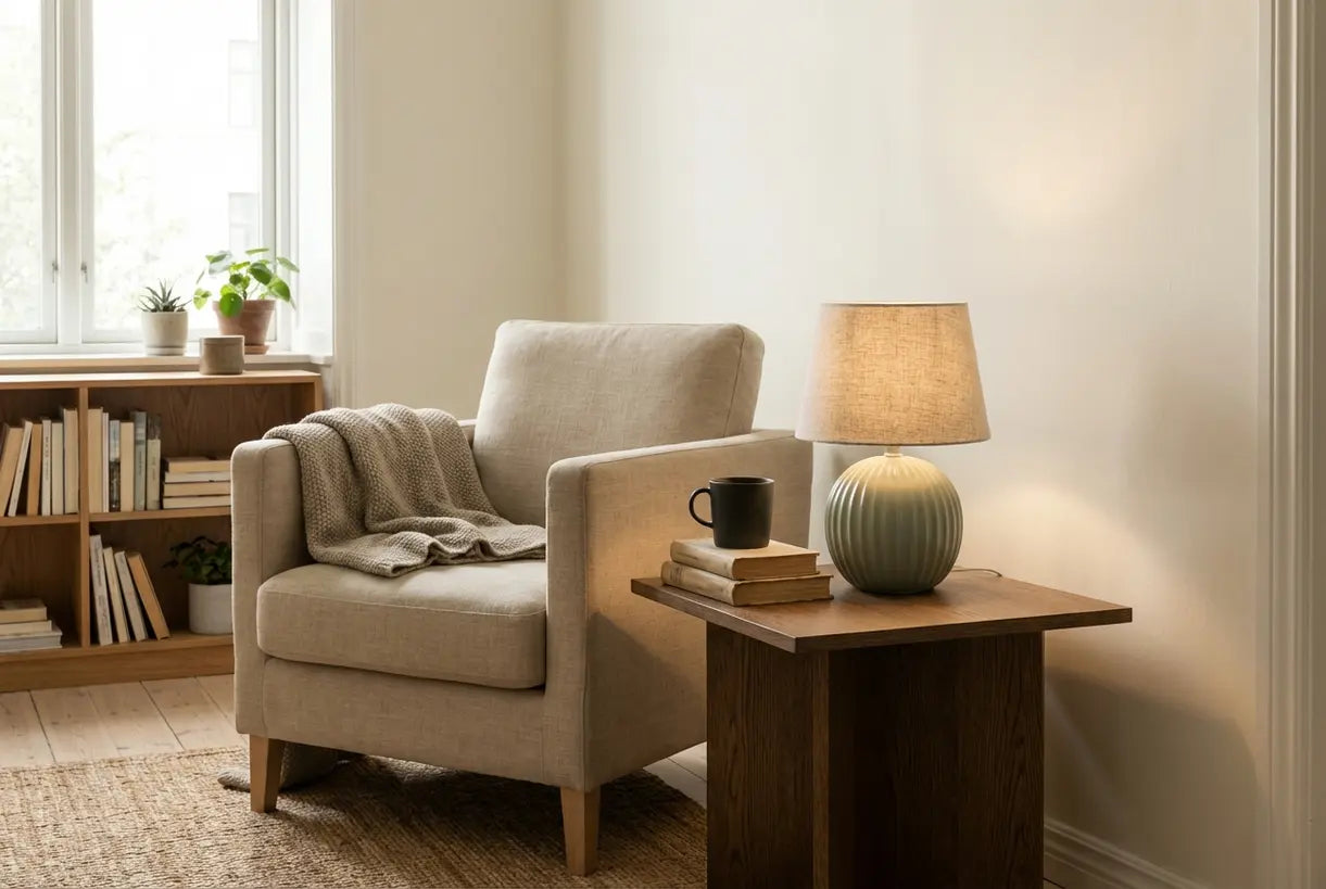 Kleine tafellamp in gezellige leeshoek, compact design voor kleine ruimtes en bijzettafels