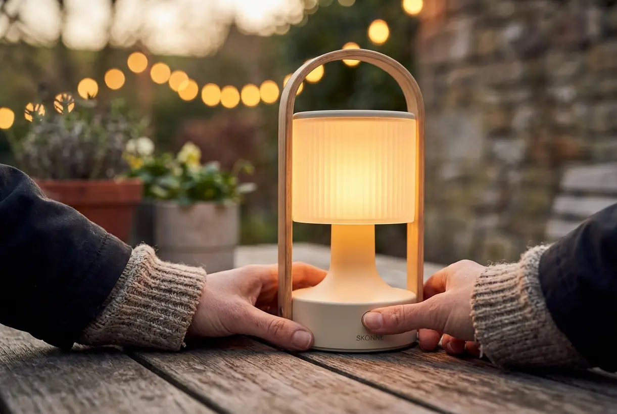 Handen bedienen in de schemering de knop van een snoerloze, oplaadbare buitenlamp