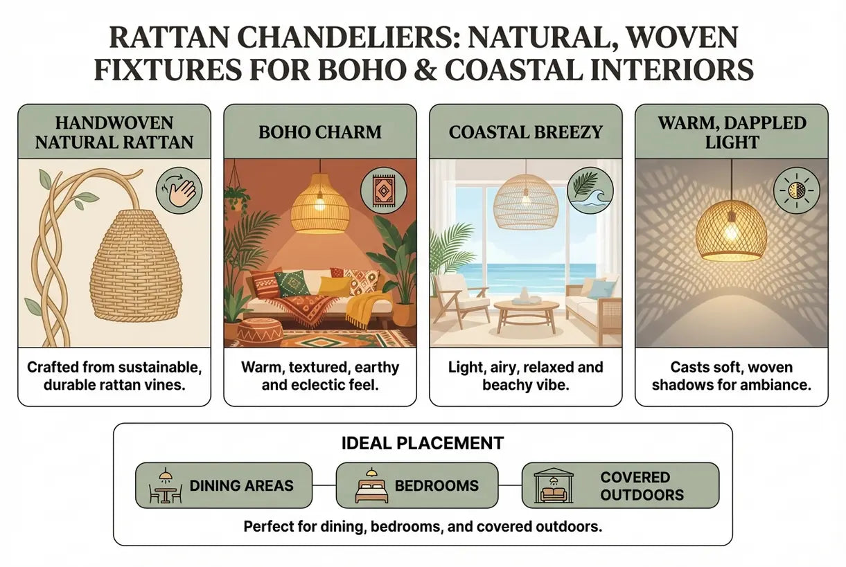 Rotan Kroonluchters: Natuurlijke, Geweven Armaturen voor Boho & Kustinterieurs - infographic
