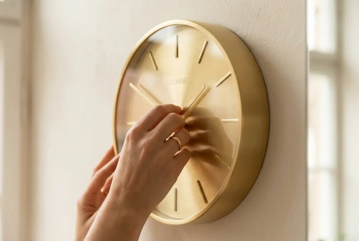 Handen stellen een elegante gouden wandklok met warme metalen afwerking bij tegen een crèmekleurige muur