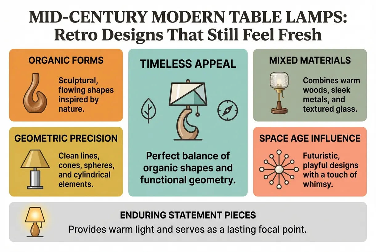 Mid-Century Modern Tafellampen: Retro ontwerpen die nog steeds fris aanvoelen - infographic