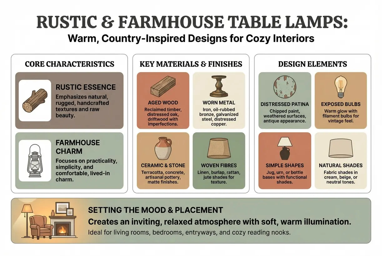 Rustieke & Landelijke Tafellampen: Warme, landelijk geïnspireerde ontwerpen voor gezellige interieurs - infographic