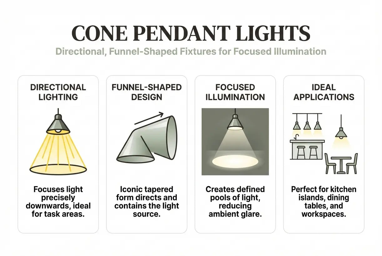 Conische pendellampen: Gerichte, trechtervormige armaturen voor geconcentreerde verlichting - infographic