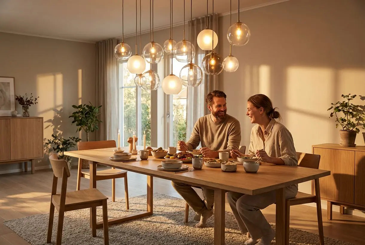 Moderne eetkamer met sferische bolvormige hanglampen die een warme, sfeervolle ambiance creëren