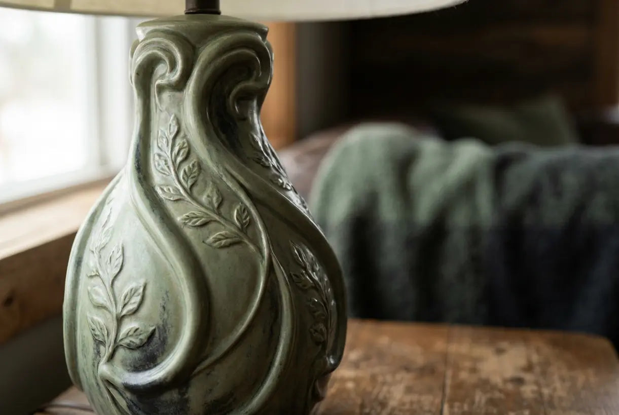 Art nouveau tafellamp met ambachtelijke keramische voet met organische botanische curven