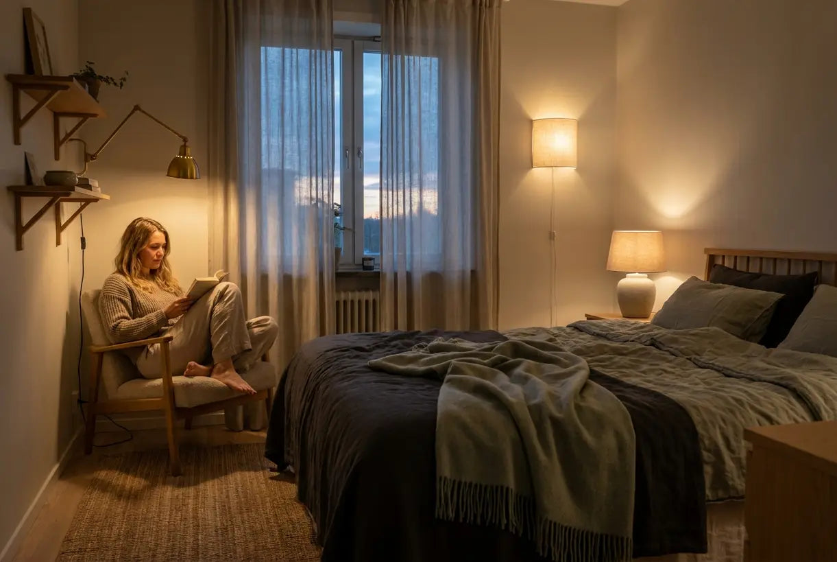 Scandinavian bedroom with layered task lighting for reading and relaxation