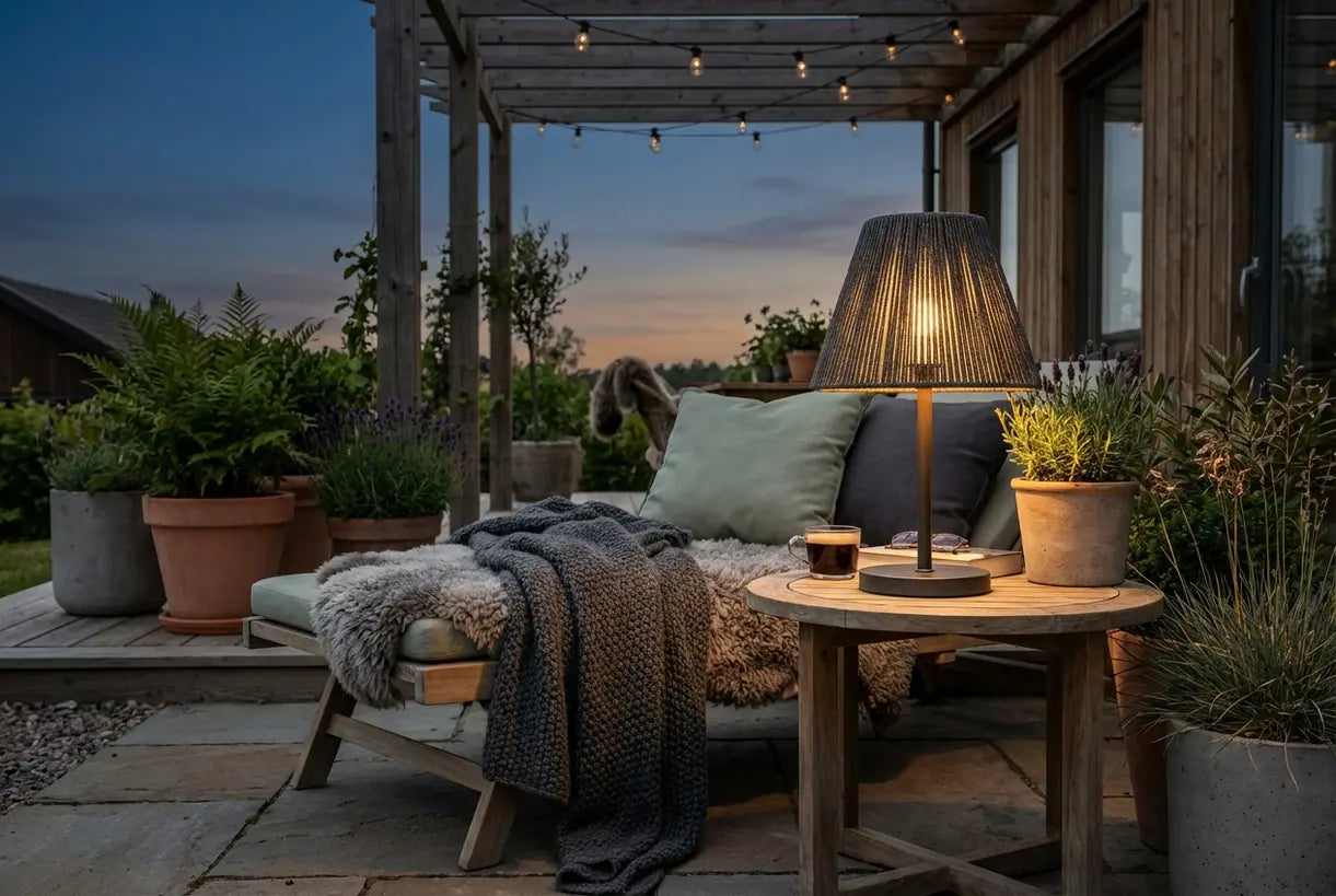 Scandinavisch terras met gloeiende zonne-buiten tafellamp bij schemering