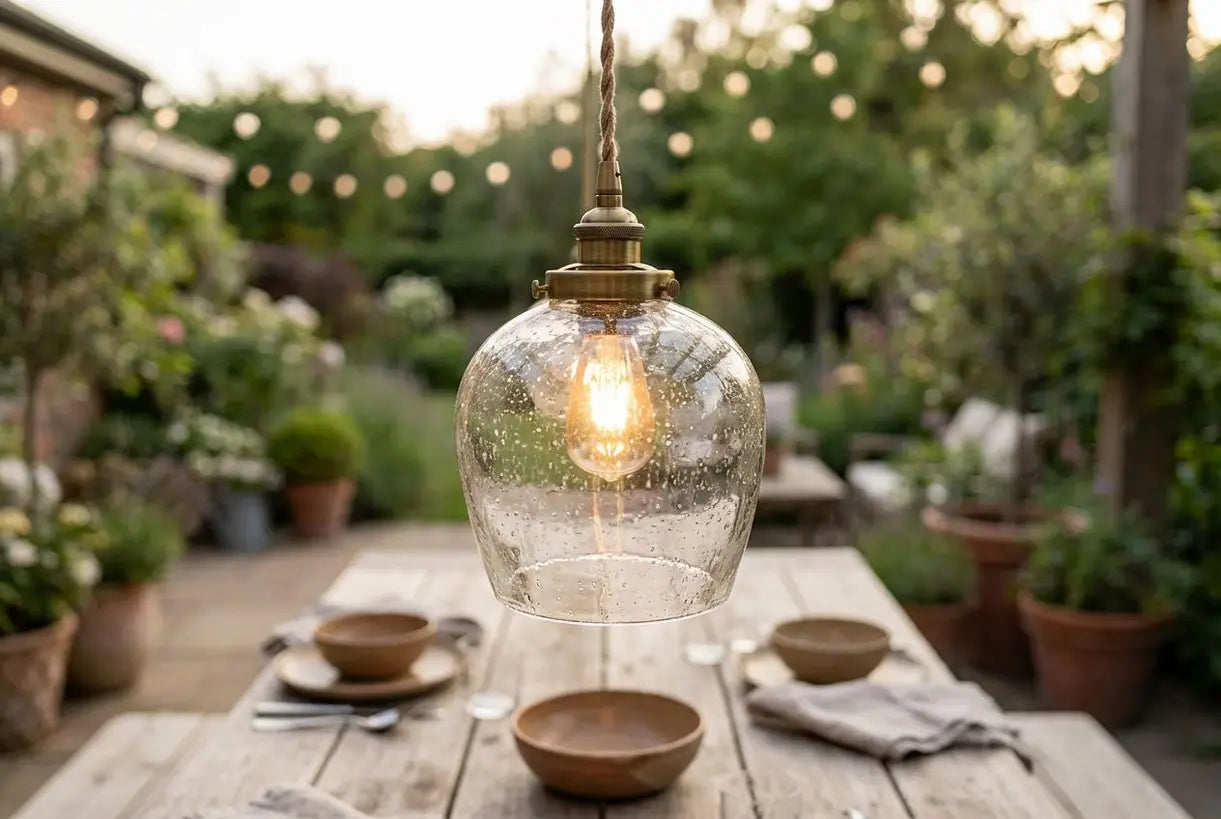 Close-up van een handgemaakte glazen hanglamp die een Scandinavische buiten eetruimte verlicht, met Nordic design details en warme amberkleurige gloed