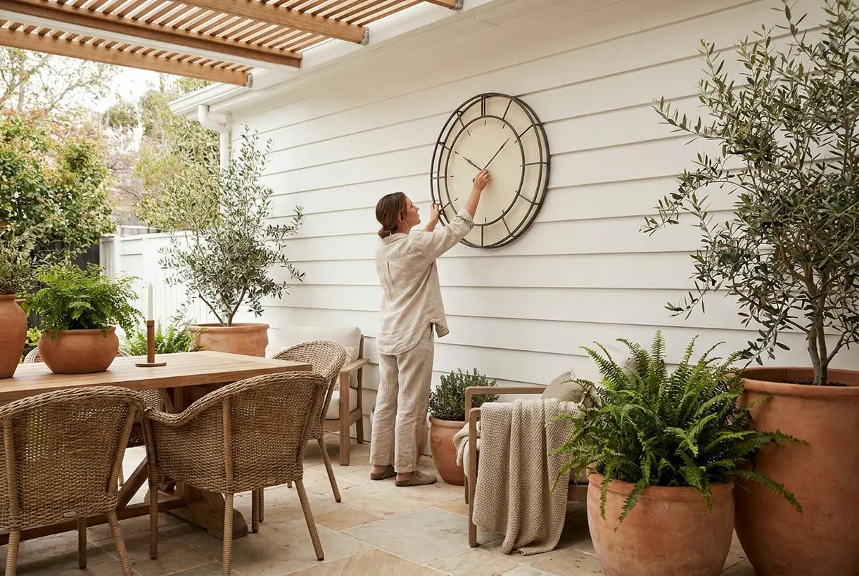 Person admiring weather-resistant outdoor wall clock on Scandinavian patio