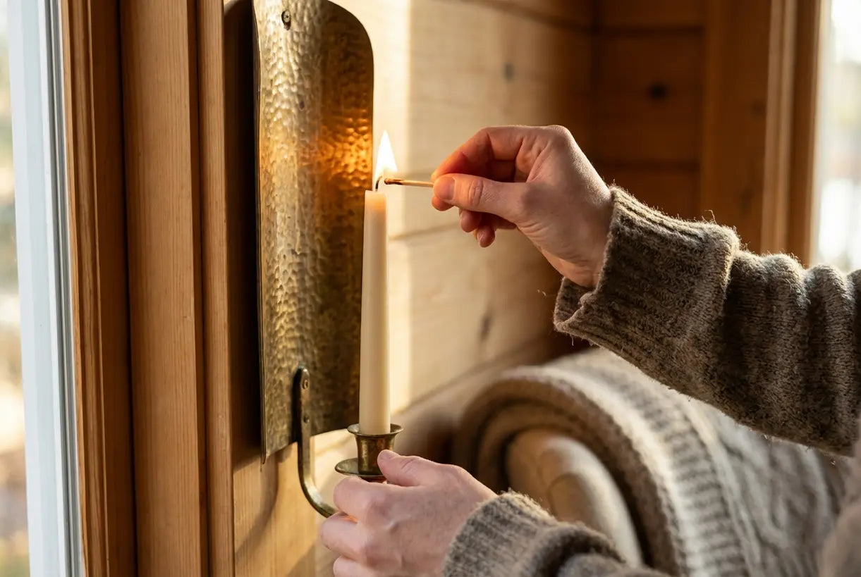Hände zünden eine Stabkerze in einem Wand-Kerzenhalter aus Messing an