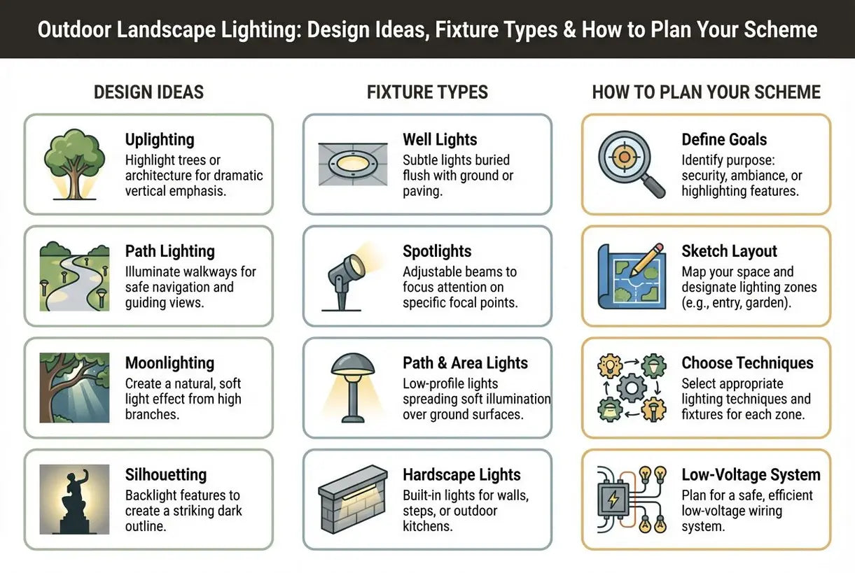 Buitenverlichting: Ontwerpideeën, armatuurtypen en hoe u uw schema plant - infographic