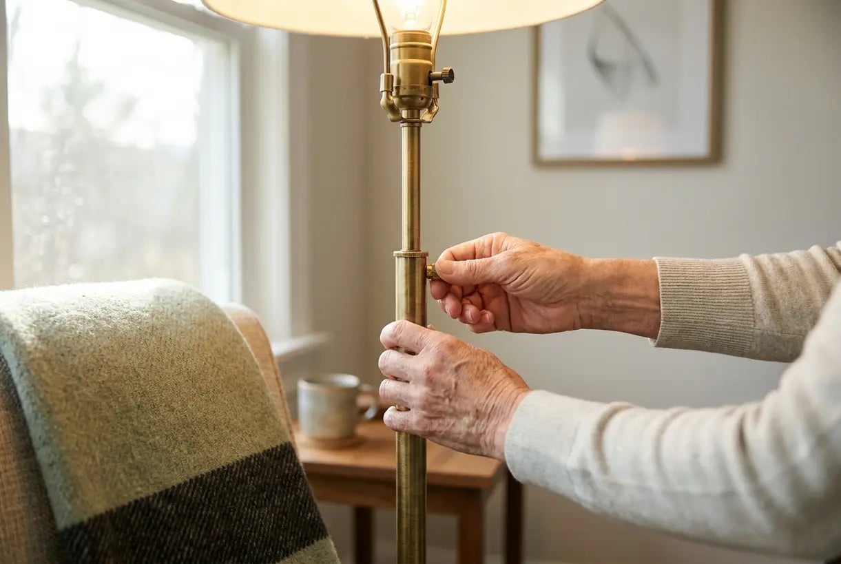 Hands adjusting modern brass floor lamp in contemporary living room setting